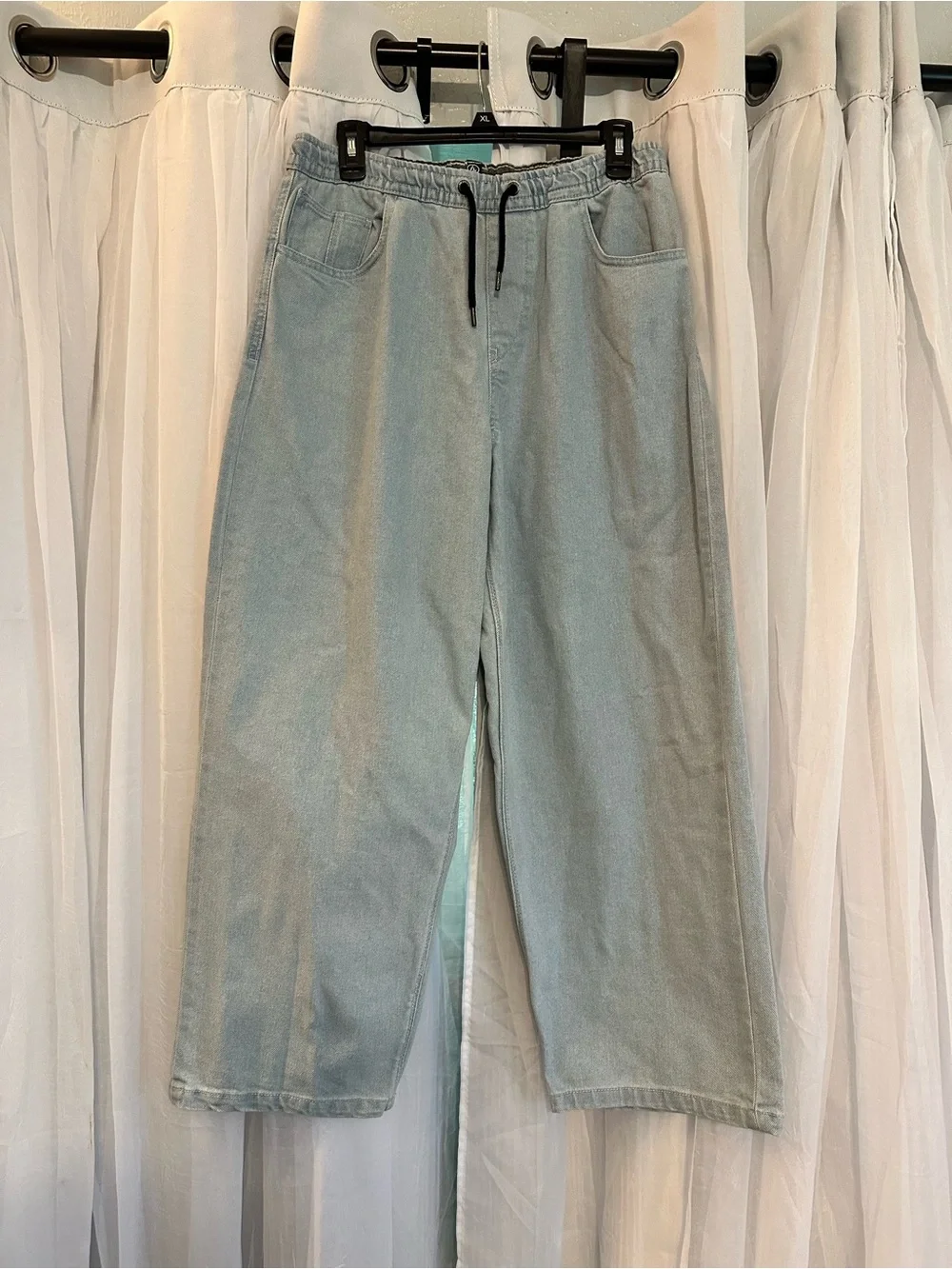 Volcom Men’s Light Wash Denim Wide-Leg Lounge Pants with Pockets and Drawstring